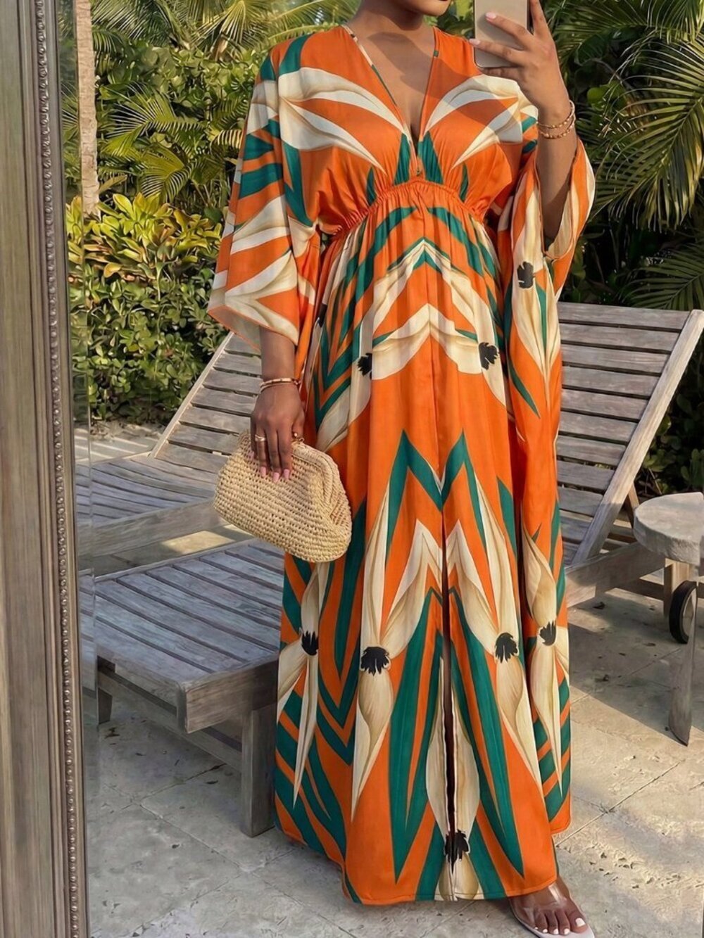 Orange Women's Boho Plus Size Tropical Floral Beach Dress